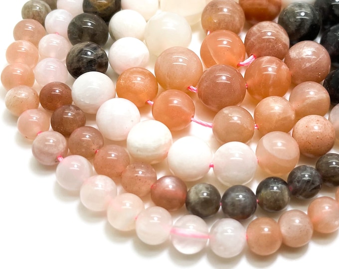Natural Mixed Moonstone (White Gray Brown Peach Black) 6mm 8mm 10mm Smooth Round Loose Gemstone Beads - RN31
