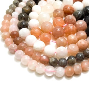 Pierres de lune naturelles mélangées (blanc gris brun pêche noir) 6 mm 8 mm 10 mm Perles de pierres précieuses rondes lisses en vrac - RN31