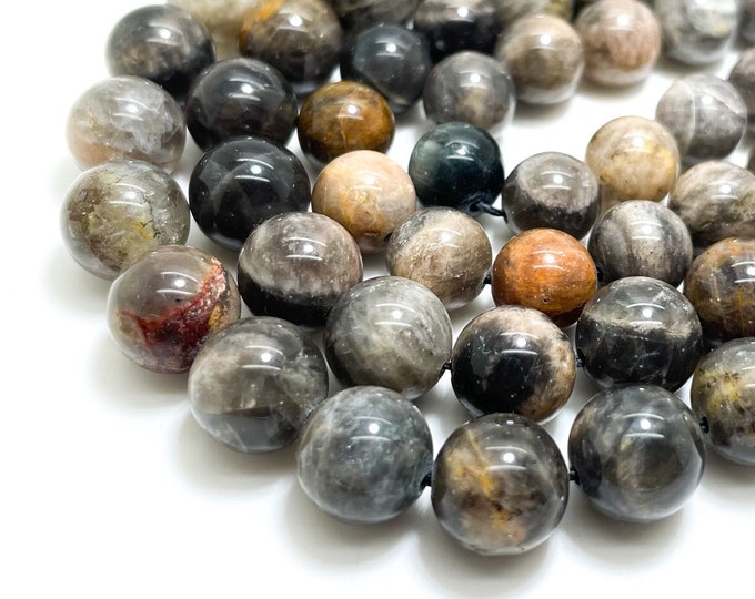 Natural Moonstone Beads, Gray Brown Black Moonstone Smooth Round Sphere Loose Gemstone Beads - RN27