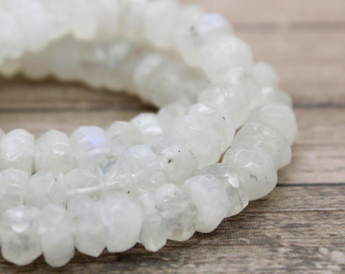 Natural Moonstone, Rainbow Moonstone Faceted Rondelle Loose Gemstone Beads - PG77