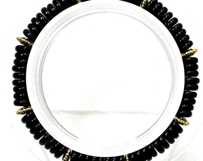 Black Onyx Stretch Bracelet – 6mm Beads, 6.5" – Gold Spacer Accents – Protection • Strength • Grounding - PGB8R34