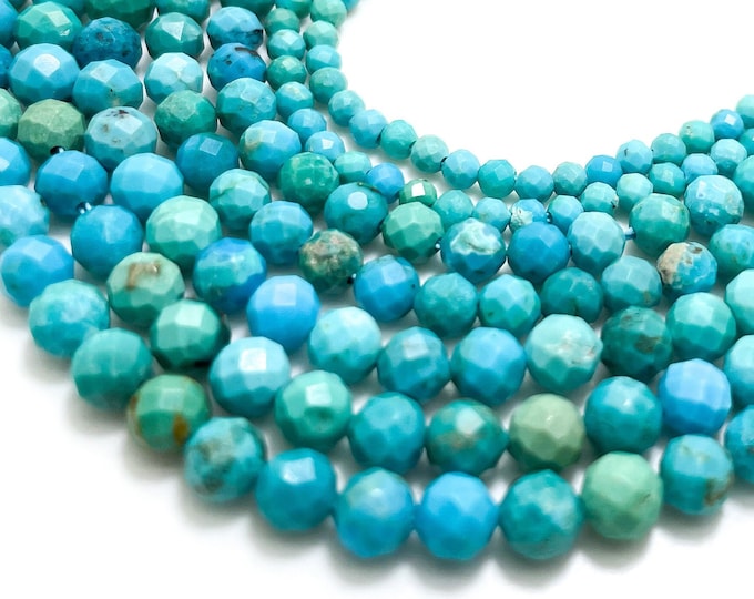Natural Turquoise Beads, Genuine Blue Hubei Turquoise Faceted Round Sphere Gemstone Beads - RNF103