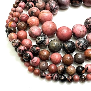 Natural Rhodonite Beads, Pink Rhodonite Smooth Round Gemstone Beads (4mm 6mm 8mm 10mm 12mm) - PG286A