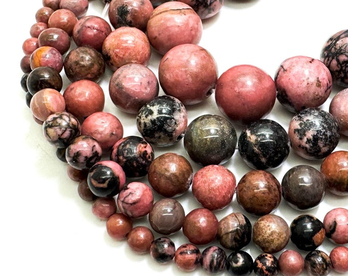 Natural Rhodonite Beads, Pink Rhodonite Smooth Round Gemstone Beads (4mm 6mm 8mm 10mm 12mm) - PG286A