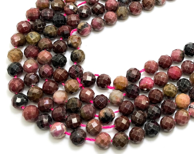Natural Rhodonite Beads, Pink Faceted Round Rhodonite 6mm Gemstone Beads - RNF121
