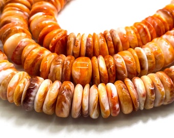 AAA Natural Orange Spiny Oyster Rondelle Disc Polished 12mm Assorted Size Beads - PG265B