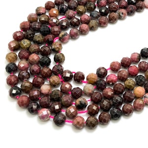 Natural Rhodonite Beads, Pink Faceted Round Rhodonite 6mm Gemstone Beads - RNF121