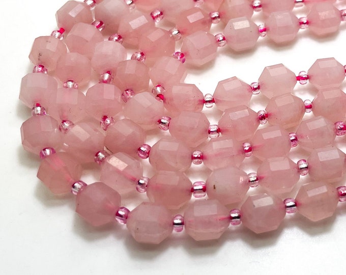 Natural Pink Rose Quartz Faceted Round 7mm x 8mm Double Terminated Points Energy Prism Cut Loose Gemstone Beads - PGS314