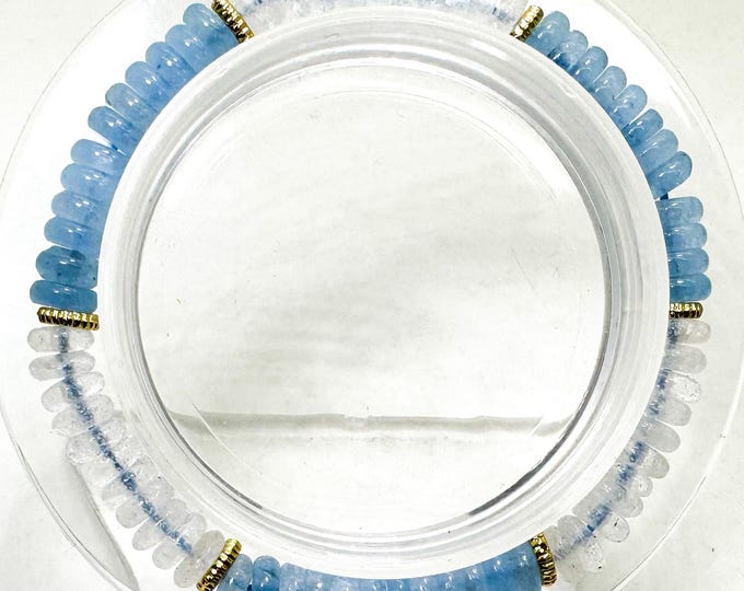 Aquamarine & Clear Quartz Stretch Bracelet – 6mm Beads, 6.5" – Gold Spacer Accents – Calm • Clarity • Healing - PGB8R40