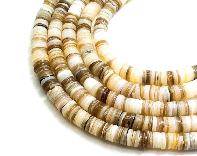 Natural Graduated Pen Shell Heishi Beads (Coffee Brown White) Earthy Tones, 5mm 6mm Disc Beads, Full Strand for Jewelry Making - RD02