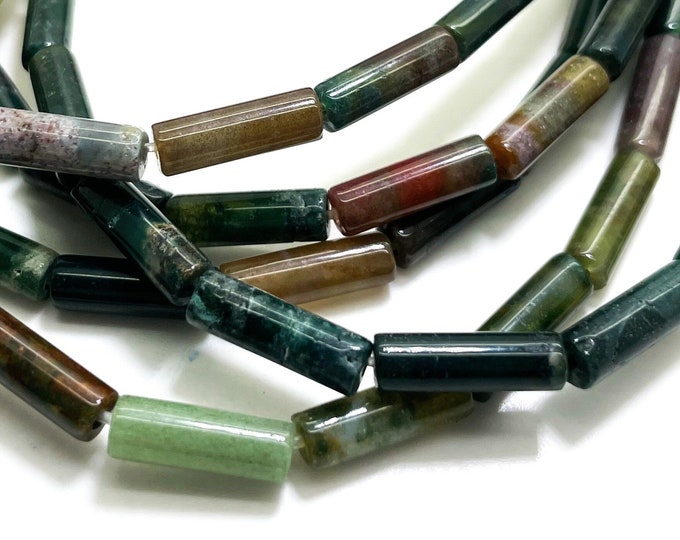 Natural Green Moss Agate Polished Cylinder Tube 4mm x 12mm ~ 4mm x 13mm Gemstone Beads - PGS52