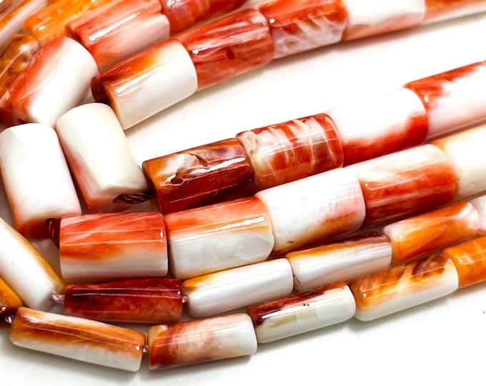 Natural Ganuine Native America Spiny Oyster Shell Stick Tooth Cylinder Smooth Orange Beads - PGS205