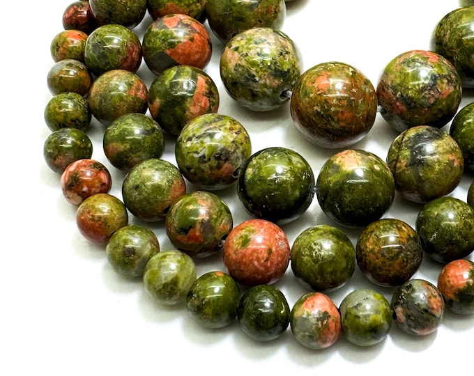 Natural Olive Green Unakite Smooth Round 6mm 8mm 10mm 12mm Gemstone Beads - PG81