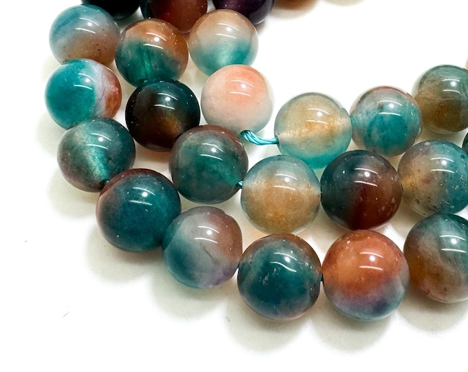 Aqua Blue Cloudy Orange Jade Smooth Polished Round 10mm Gemstone Jewelry Making Beads - RN197L