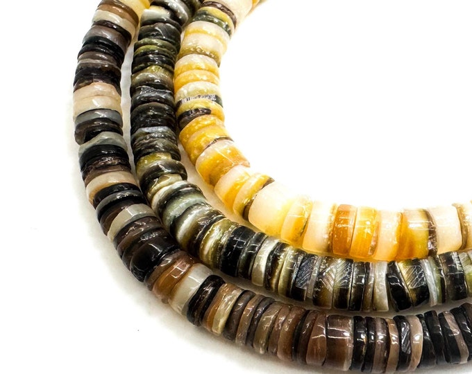 Natural Graduated Pen Shell Heishi Beads (Coffee Brown Orange) Earthy Tones, 6mm Disc Beads, Full Strand for Jewelry Making - RD02