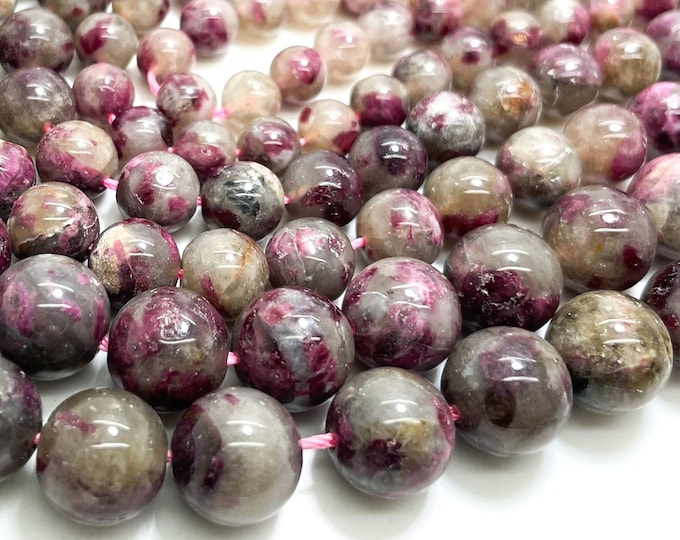 Pink Tourmaline Beads, Natural Light Purple Pink Tourmaline Smooth Polished Gemstone Beads - 6mm 8mm 10mm - RN132