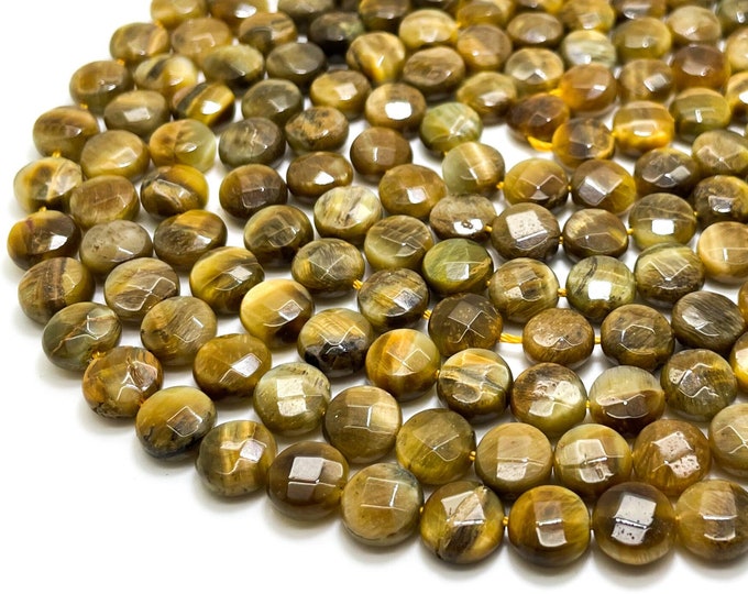 Tiger Eye Beads, Natural Yellow Tiger's Tiger Eye 8mm Faceted Flat Round Disc Loose Gemstone Beads - PG154