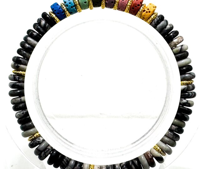 6.5" Spider Web Jasper & Chakra Lava Rock Bracelet – Handmade Elastic Cord, 6mm Beads - PGB8R7