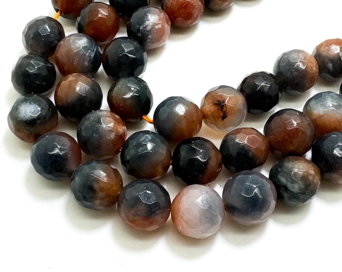 Navy Blue Cloudy Orange Agate Faceted Round 10mm Gemstone Jewelry Making Beads - RNF131A