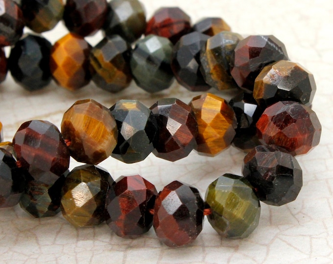 Natural Yellow Red Tiger Eye, Tiger's Eye Faceted Rondelle Loose Gemstone Beads - RDF54Y