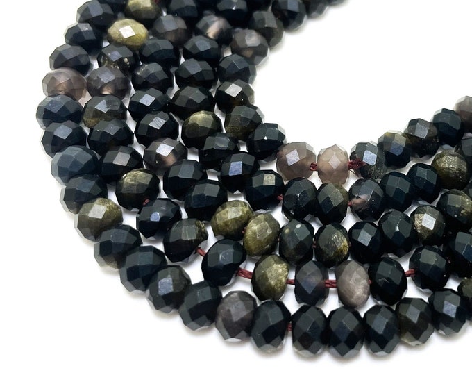 Natural Golden Obsidian Faceted Rondelle 4mm x 5.5mm Gemstone Beads - RDF113