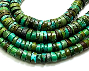 Natural Genuine Turquoise, Blue Green Hubei Turquoise Heishi Rondelle Disc Gemstone Beads - PG93E