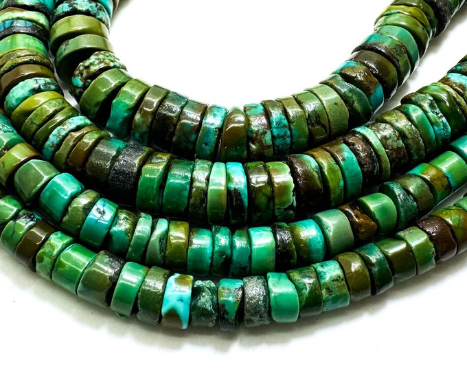 Natural Genuine Turquoise, Blue Green Hubei Turquoise Heishi Rondelle Disc Gemstone Beads - PG93E