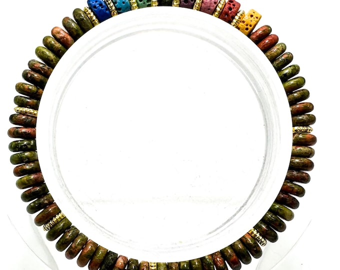 6.5" Unakite & Chakra Lava Rock Bracelet – Handmade Elastic Cord, 6mm Beads - PGB8R2