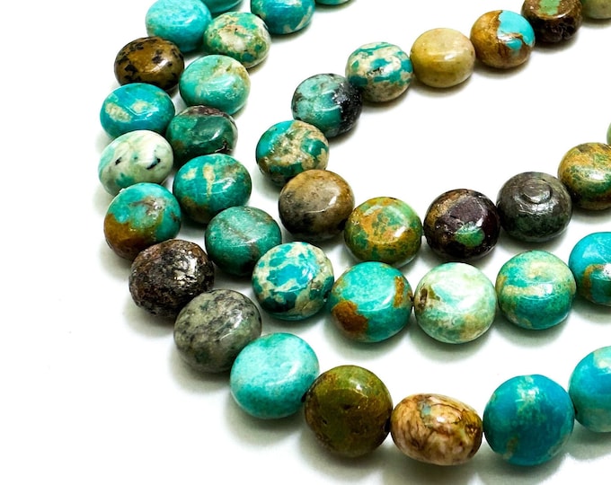 Natural Genuine Blue Turquoise Flat Round Polished Smooth Gemstone Beads - PGS391D