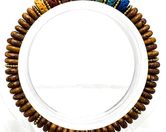 6.5" Picture Jasper & Chakra Lava Rock Bracelet – Handmade Elastic Cord, 6mm - PGB8R6