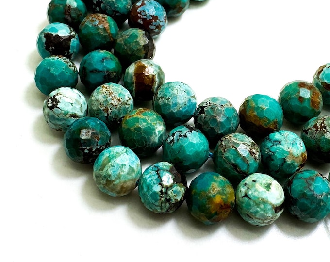 Turquoise Beads, Natural Genuine Blue Turquoise Faceted Round 7.5mm Gemstone Beads -RNF104