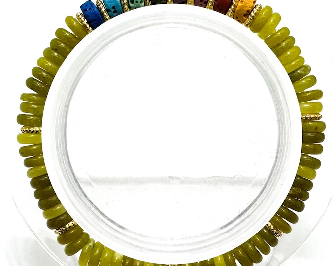 6.5" Green Jade & Chakra Lava Rock Bracelet – Handmade Elastic Cord, 6mm - PGB8R9