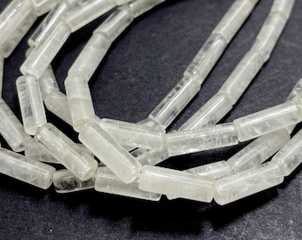 Natural White Cloudy Clear Quartz Polished Cylinder Tube 4mm x 12mm ~ 4mm x 13mm Gemstone Beads - PGS52