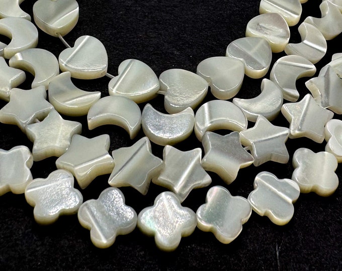 AAA Iridescent White Mother of Pearl MOP Shell Heart Moon Star four-leaf clover Beads