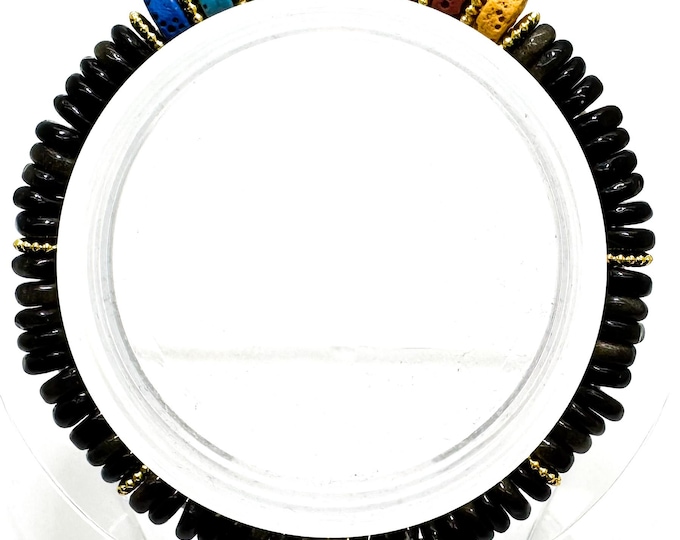 6.5" Dark Green Jade & Chakra Lava Rock Bracelet – Handmade Elastic Cord, 6mm - PGB8R11