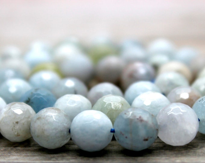 Natural Aquamarine, Blue Aquamarine Faceted Round Sphere Ball Loose Gemstone Beads (5mm 6mm 8mm 10mm 12mm 14mm 16mm) - PG43