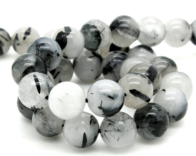 Natural Black Tourmaline Quartz Smooth Polished Round Ball Sphere Gemstone Bead Beads - RN42B