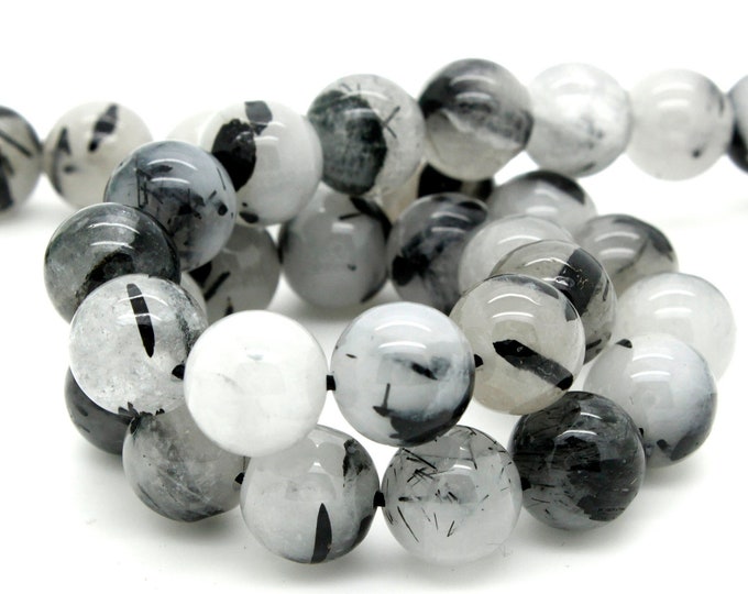 Natural Black Tourmaline Quartz Smooth Polished Round Ball Sphere Gemstone Bead Beads - RN42