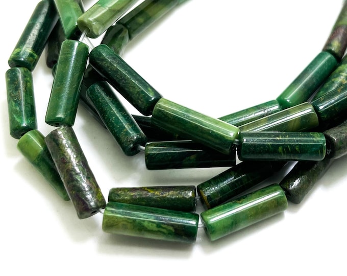 Natural Green Nephrite Jade Polished Cylinder Tube 4mm x 12mm ~ 4mm x 13mm Gemstone Beads - PGS52