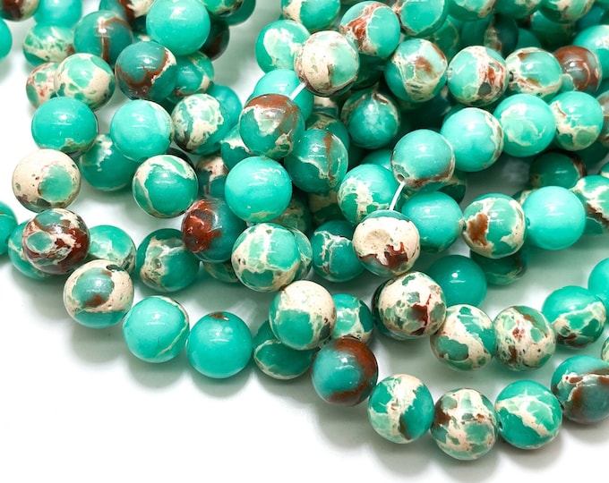 Natural Aqua Green African Sea Sediment Jasper Smooth Polished Round Sphere Gemstone Beads (6mm 8mm 10mm) Full 15.5 Inch Strand - RN23