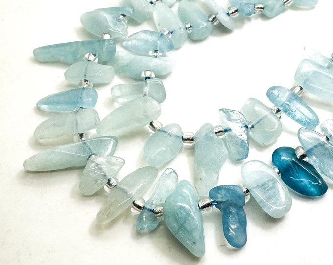 Natural Blue Aquamarine Freeform Chip Irregular Slab Flat Shapes Stick Gemstone Beads - PGS214
