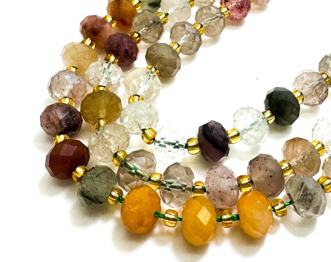 Natural Mixed Color Rutilated Quartz Faceted Rondelle 5mm x 8mm Gemstone Beads - PGS321