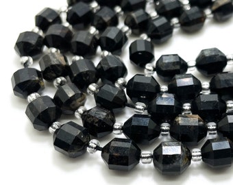 Natural Black Tourmaline Faceted Round 7mm x 8mm Double Terminated Points Energy Prism Cut Loose Gemstone Beads - PGS301