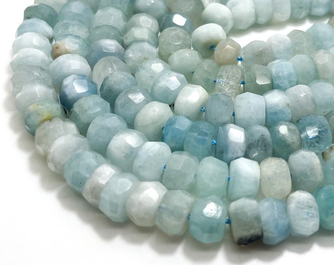 Aquamarine Beads, Natural Blue Aquamarine Faceted Rondelle 5mm x 9mm Loose Gemstone Beads - RDF31