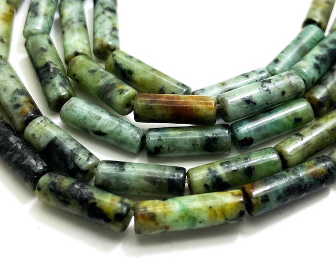 Natural Green African Turquoise Polished Cylinder Tube 4mm x 12mm ~ 4mm x 13mm Gemstone Beads - PGS52