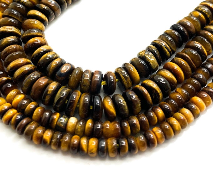 Tiger Eye Beads, Natural High Quality Tiger's Eye Smooth Polished Rondelle Round Flat Gemstone Beads - RD34