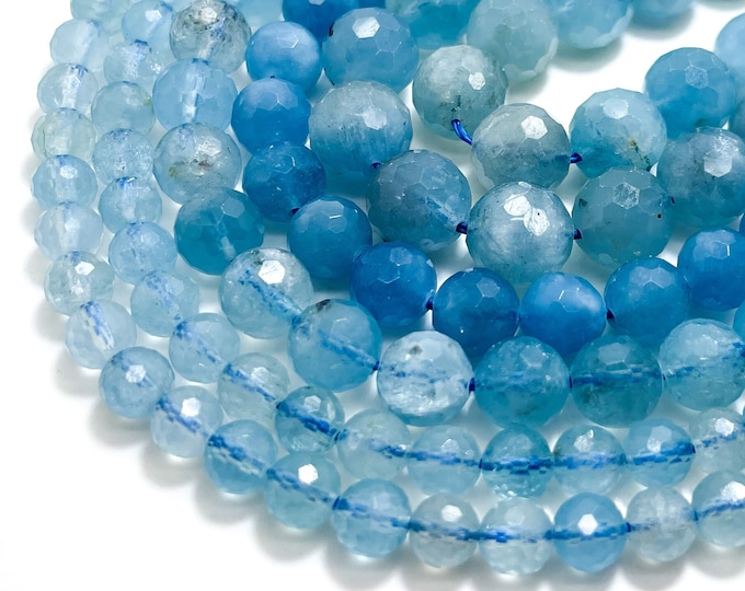 Blue Aquamarine Beads, Grade AAA Natural Faceted Round Aquamarine 6mm 8mm 10mm Gemstone Beads - RNF15