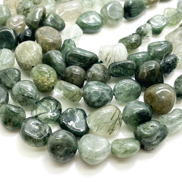 Moss Agate Beads, Natural Green Moss Agate Polished Nugget Pebble Round Barrel Gemstone Beads - PG318