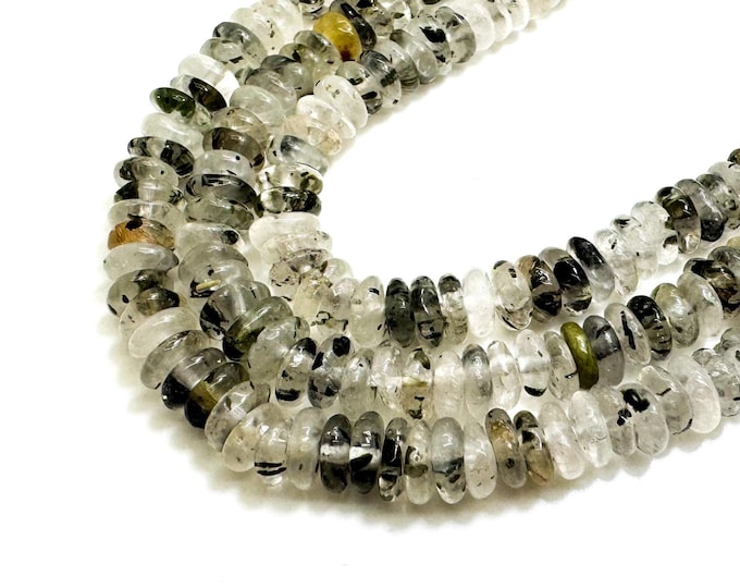Natural Rutilated Quartz Beads, Black Hair Rutilated Quartz Smooth Polished Rondelle Nugget Round Flat 2mm x 6mm Gemstone Beads - RD40