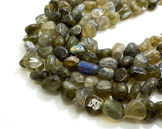 Dark Gray Labradorite Beads, Natural Labradorite Polished Nugget Pebble Round Barrel Gemstone Beads - PG318B